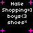 Pixelated text and pink starbursts on black background with repeated 'Halie' and 'Shopping=] boys<3 shoes×' phrases.