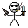 Pixelated stick figure with white head, black sunglasses, and green mouth holding two swords against gray background.
