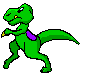 Green pixelated dinosaur with purple belt and yellow accents in multiple walking poses against gray background.