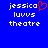 Blue background with white pixelated text reading "jessica luvvs theatre" and a red heart symbol replacing the 'i' in Jessica.