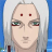Pixelated anime-style character face with white hair, green eyes, and red facial markings against a blue background.