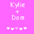 Pixelated text 'Kylie + Dom' on bright pink background with five white and light pink heart symbols below, two versions show different heart symbol arrangements.