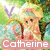 Pixelated cartoon character with light brown hair and a green hat holding a staff, standing in front of trees and water with the name 'Catherine' below.