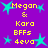 Purple background with yellow text and cyan stars, displaying "Megan & Kara BFFs 4eva" in pixelated font across four repeated sections.
