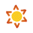 A circular yellow sun with green dots surrounded by eight orange arrows in a star pattern, changing color across frames.