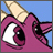 Pixelated purple creature with large white eyes and beige horns against blue background, adjacent to orange with white pixelated text