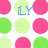 pink, green, and light-green circles with blue 'LY' text appearing in different positions across frames