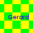 Green and yellow checkered background with four instances of blue text reading 'Gerard' in pixelated font across four quadrants.