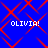 Blue background with red diamond-shaped lines forming a pattern, four instances of white pixelated text reading "OLIVIA!" in each quadrant
