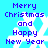 Pixelated blue background with white snowflakes and purple text reading "Merry Christmas and Happy New Year" in two identical vertical sections.