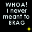 Black background with white pixelated text reading "WHOA! I never meant to BRAG" and yellow star-like symbols in a pattern