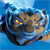 A pixelated image shows a brown animal with dark stripes and yellow-orange eyes against a blue background with light blue and white accents.