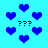 Pixelated blue hearts and question marks on cyan background with occasional heart-shaped gaps and overlapping heart pairs.