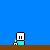 Pixelated character with white head and cyan body on brown platform against blue background, showing sequential actions including a 'snap' gesture and text about homework.