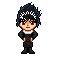 Pixel art character with spiky black and blue hair, red eyes, and a neutral expression, wearing a black outfit with white collar and orange accents on hands.