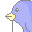 Pixelated blue bird mascot with yellow beak in three animated frames showing mouth movement against gray background.