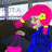 Pixelated image of a person with bright pink hair holding a pink bag, overlaid with red pixelated text.
