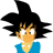 Pixelated character with spiky black hair, orange skin, white eyes, and a blue shirt against a gray background.