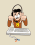 Animated cartoon character in brown shirt with yellow 'B' typing on keyboard, wearing headphones, changing hand positions and facial expressions across frames.
