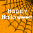 Animated orange background with black spiderweb pattern and white 'Happy Halloween' text, showing partial web removal in