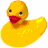 Yellow rubber duck with red beak and black eyes, shown in two states: static pose above and animated attack motion below.