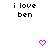 Black pixelated text 'i love ben' appears above two pink heart icons on a white background, with the right heart icon animating to a slightly larger size.