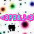 A static image with a white background featuring scattered pixelated circular shapes in various colors and a central pink banner displaying cyan text.