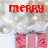 Red pixelated text 'merry christma' spans the top over a snowy background with two pink gift boxes below.
