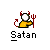 Pixelated icon of a devil figure with red horns, tail, and pitchfork, wearing a yellow shirt, standing above the word 'Satan' in blocky text.