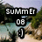 Pixelated beach scene with text overlays reading 'SUMMER 08' and a smiley face icon on sandy shore.