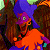 A pixelated animated contact sheet showing two frames of a cartoon character with purple hair and orange clothing on the left, next to green text reading "Original Icons .com" on a dark background.