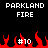 Pixelated fire animation with "PARKLAND FIRE" text above flames and "#10" labels on red flame shapes.