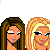 Pixel art contact sheet of six animated frames showing cartoon women in casual outfits with visible midriffs and blue jeans, plus a black panel with pink "BFF" text.