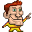 Pixel art of a character with red hair, green eyes, and a yellow outfit with red and blue accents, pointing right with a confident expression.