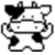 Pixelated cow icon with black spots on white body, heart-shaped head marking, and raised arms in a waving pose.