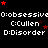 Pixelated text repeats across a black background with red stars, showing '0:obsessive', 'C:Cullen', 'D:Disorder' in white, with a gray rectangle in the bottom-right corner.