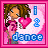 Pixelated buddy icon featuring a cartoon girl with brown hair holding a pink heart, blue text "i 2 dance", and green "Original Icons .com" logo on dark background.