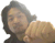 A person with dark hair and light skin extends a hand forward in a pointing gesture against a white background.