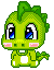 Green pixelated dragon with large blue eyes, pink cheeks, and a white belly patch; one version shows open mouth with red interior and sweat drop.