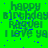 Green background with repeated pixelated text 'happy birthday Raquel I love ya' in green and blue, scattered blue dots on left side.