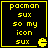 Four identical black square with yellow borders display pixelated text and a Pac-Man icon, arranged in a