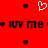 Red background with pixelated black text 'luy me' repeated, surrounded by small dark red hearts and a white heart outline at top center.