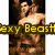 Pixelated collage of five distinct images featuring shirtless men with text overlays in various colors and fonts.