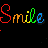 Animated sequence of repeating 'Smile' text in rainbow colors with small pixelated symbols beneath each instance on black background.