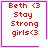 Four identical pixel-art display red text 'Beth <3 Stay Strong girls<3' on white backgrounds with pink borders, each featuring a distinct small symbol in the corner