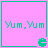 Pixelated text 'Yum.Yum' on pink background with green border and small green Pac-Man icon in bottom-right corner.