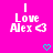 Pixelated text 'I Love Alex' with a heart symbol on bright pink background, two cyan hearts below.