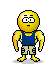 Yellow muscular cartoon character in various poses with blue or beige shorts, some frames showing blue fabric pieces on the ground.