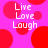 Pixelated pink background with red circles and white text reading Live Love Laugh in four quadrants.