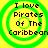 Four identical circular icons with green concentric rings on a yellow background, each displaying text "I love Pirates Of The Caribbean" in black pixelated font.